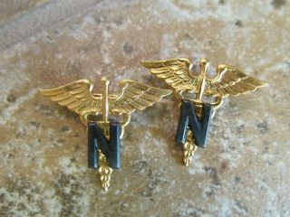 Pair Wwii U.  S.  Army Medical Corps Nurse Caduceus Collar Insignia Pins Pinback A