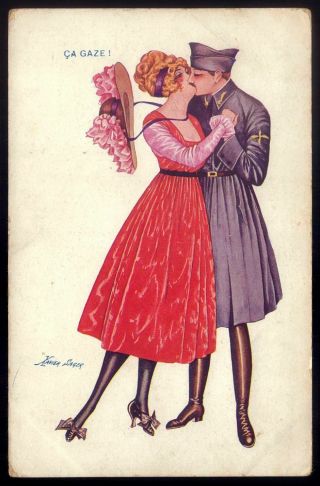 Glamour Woman Kiss Soldier War Wwi Ww1.  Old Postcard Artist: Xavier Sager 1910s
