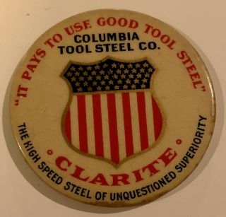 Antique Celluloid Pocket Mirror Advertising Columbia Tool Steel’s Clarite