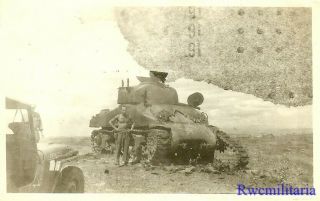 TOTAL LOSS US Soldier Posed w/ KO ' d M4 Sherman Tank in Open Field 2