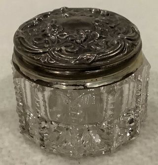 Antique Vintage Glass And Sterling Silver Inkwell Art Nouveau Floral Pill Jar
