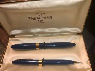 Sheaffer White Dot Fountain Pen & Pencil Set 14k Nib In Blue W/ Box