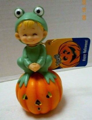 Vintage Halloween Boy On Pumpkin Figurine With Tag By Morehead Inc.