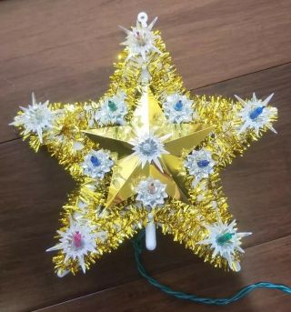 Vintage - Style Christmas Tree Topper Star Gold Tinsel Lighted Multi Color