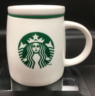 Starbucks 2011 White Ceramic Coffee Travel Mug W Logo Green Silicon Lid & Seal