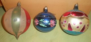 3 Vintage Large Glass Christmas Ornament Ball - Made In Poland - Polish Hand Painted