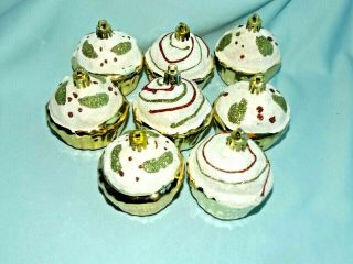 Set 8 Gold Cupcake Christmas Ornaments Plastic W Glitter Sprinkles Circles 2 1/2