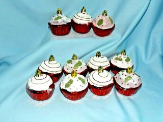 Set 11 Red Cupcake Christmas Ornaments Plastic W Glitter Sprinkles Circles 2 1/2