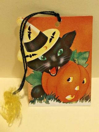 Vintage Halloween Bridge Tally Card W Tassel - Black Cat Jol Jack O 