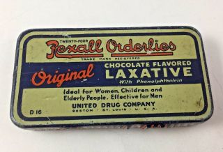 Vintage Rexall Orderlies Laxative Medicine Tin
