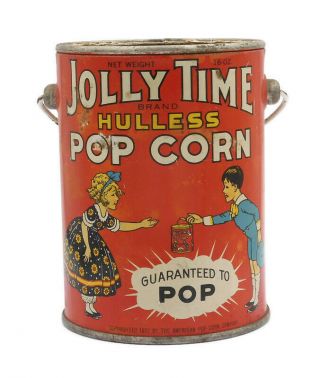 Vtg 1927 Jolly Time Hulless Popcorn Tin Pail W/ Handle No Lid Boy Girl