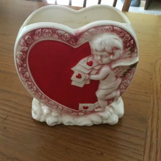 Vintage Lefton Valentine Planter.  H6191.  Red Heart,  Cupid,  Cards 5 - 1/2” High