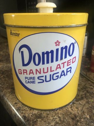 Vtg 60’s Domino Sugar Canister Metal Graphic Type Yellow Kitchen Mcm Advertising