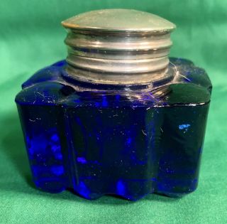 Antique Cobalt Blue Glass Ink Well Silverplate Brass Hinged Top 3” 19th C.