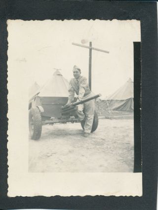 Wwii 1940s Us Army Soldier With Small Artillery,  Tent Camp Photo