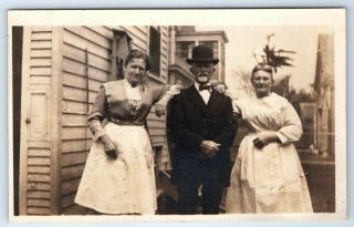 Vintage Rppc Postcard Old Man With Two Women Real Photo