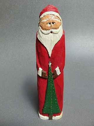 8 " Wood Folk Art Hand Carved Santa With Christmas Tree