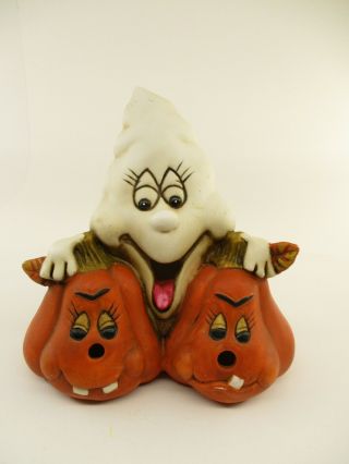 Vintage Ceramic Halloween Ghost & Jack O Lanterns Figurine - 5.  5 " Tall -