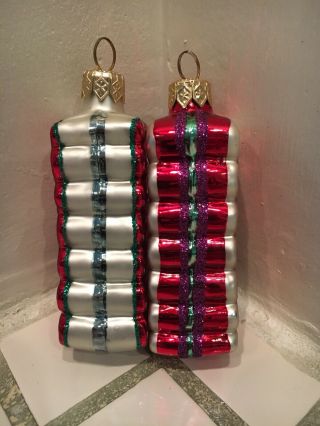 Ribbon Candy Glass Ornaments Set Of 2 Sweet Traditional Glass Colorful Chistmas