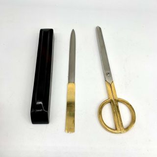 Vintage Solingen Gold Tone Germany Letter Opener Shears Scissors Set In Sheath