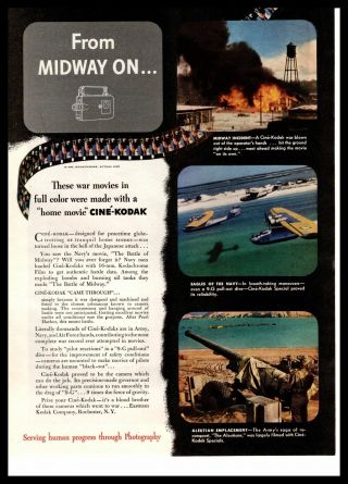 1943 Cine Kodak Battle Of Midway Wwii Era 16mm Home Movie Camera Color Print Ad