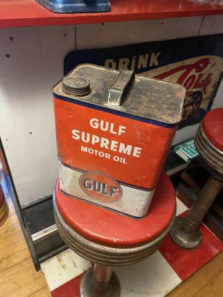 Vintage Old Gulf Supreme Motor Oil 2 Gallon Metal Can Gas Station Empty Usa