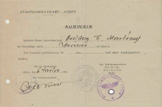 GREECE GERMANY ITALY OCCUPATION OF GREECE ATHENS PERMISSION TRAVEL TWO AUSWEIS 3