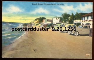 1256 - Wasaga Beach Ontario Postcard 1950s Bowling Place.  Old Cars