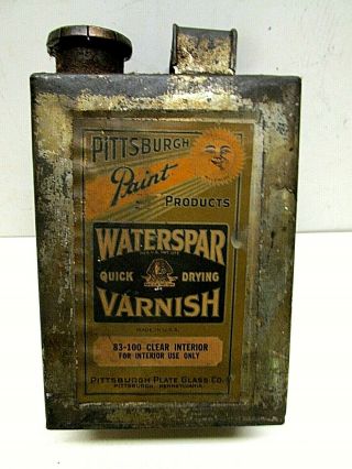 Condition/scarce 1932 " Pittsburg Paint Waterspar Varnish " 1/2 Gal Can 3/12x5x7