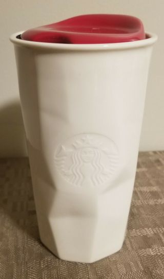 Starbucks Faceted White Ceramic Mug Tumbler 10 Oz With Red Lid 2013
