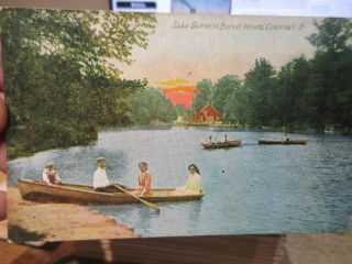 Vintage Old Ohio Postcard Cincinnati Burnet Woods Lake People In Row Boats Dusk