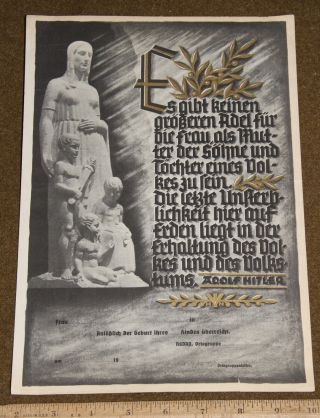 Wwii German Certificate For Mothers - Given By Party On Birth Of Child