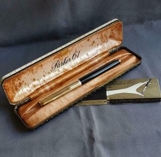 Vintage Boxed Parker 61 Fountain Pen Black Body 12 Ct Rolled Gold Cap 2 Jewels