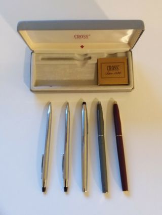 5 Vintage Cross Pens - With Case And Ink Cartridges - 3 Fountain 2 Ballpoint
