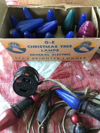 Box Vintage G - E Christmas Tree Lamps & 2 Strings Lights Old Blue Red
