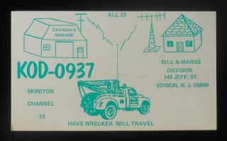 1960s Qsl Short Wave Radio Kod - 0937 Bill & Marge Davison Old Wrecker Edison Nj