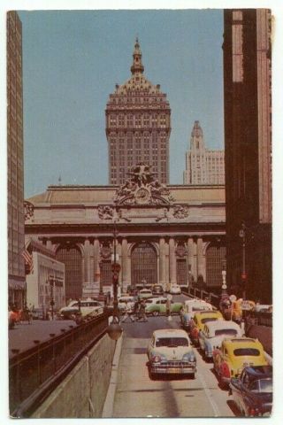 Grand Central Terminal Station Traffic Ramp Old Cars Postcard Nyc York City