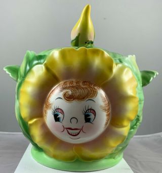 Vintage Rare Py Japan Yellow Cabbage Rose Anthropomorphic Cookie Jar.