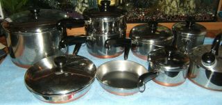 16 Pc 1801 Revere Ware Copper Bottom Stainless Cookware Set,  Tea Kettle