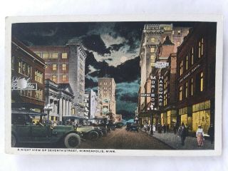 Night View Of 7th Street Minneapolis Minnesota Postcard Vintage Old Card