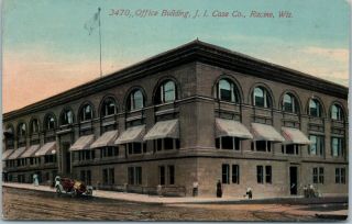 Postcard Wisconsin Racine J.  I.  Case Office Building Street View People Old Car
