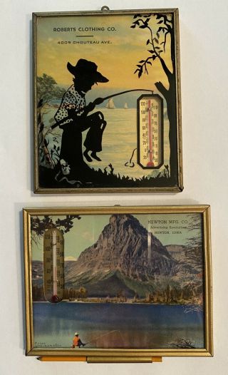 2 Vintage Advertising Thermometers Silhouette Newton Mfg.  Co.  With Pencil