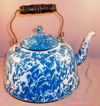 Antique Granite Blue & White Swirl Enamelware Tea Kettle Coffee Pot Graniteware