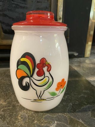 Vtg Bartlett Collins Cookie Jar Canister Rare Rooster Glass Red Lid Hand Painted