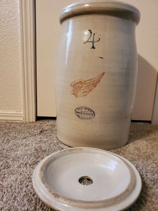 Antique Red Wing Stoneware 4 Gallon Butter Churn Crock.  Comes With Stick. 3