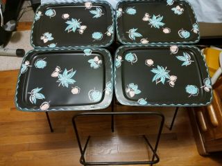 Vintage Set Of 4 Mid - Century Cal - Dak Metal Tv Trays & Stand Pink & Turquoise