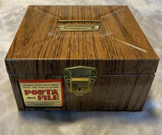 Vintage Porta File Tin Metal Document Holder Storage Box Green Wood Grain Lock