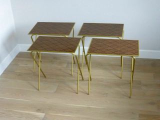Mid Century Vintage Set Of 4 Standing TV Trays With Rolling Stand Faux Wood Look 2