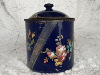 Rare Antique French Enamelware Blue Cobalt Cafe Canister Pink Roses And Ribbon