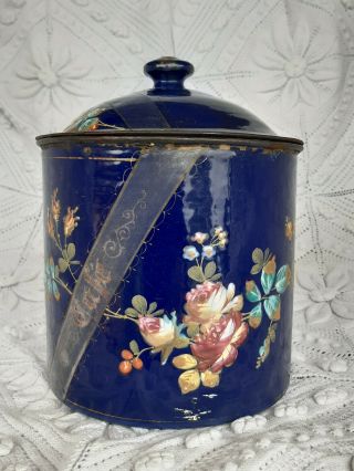 RARE ANTIQUE FRENCH ENAMELWARE BLUE COBALT CAFE CANISTER PINK ROSES and RIBBON 2